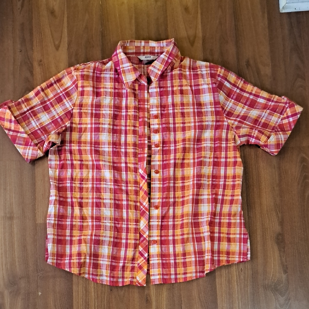 Alia Short-Sleeve Plaid Button-Down Shirt in Pink & Yellow